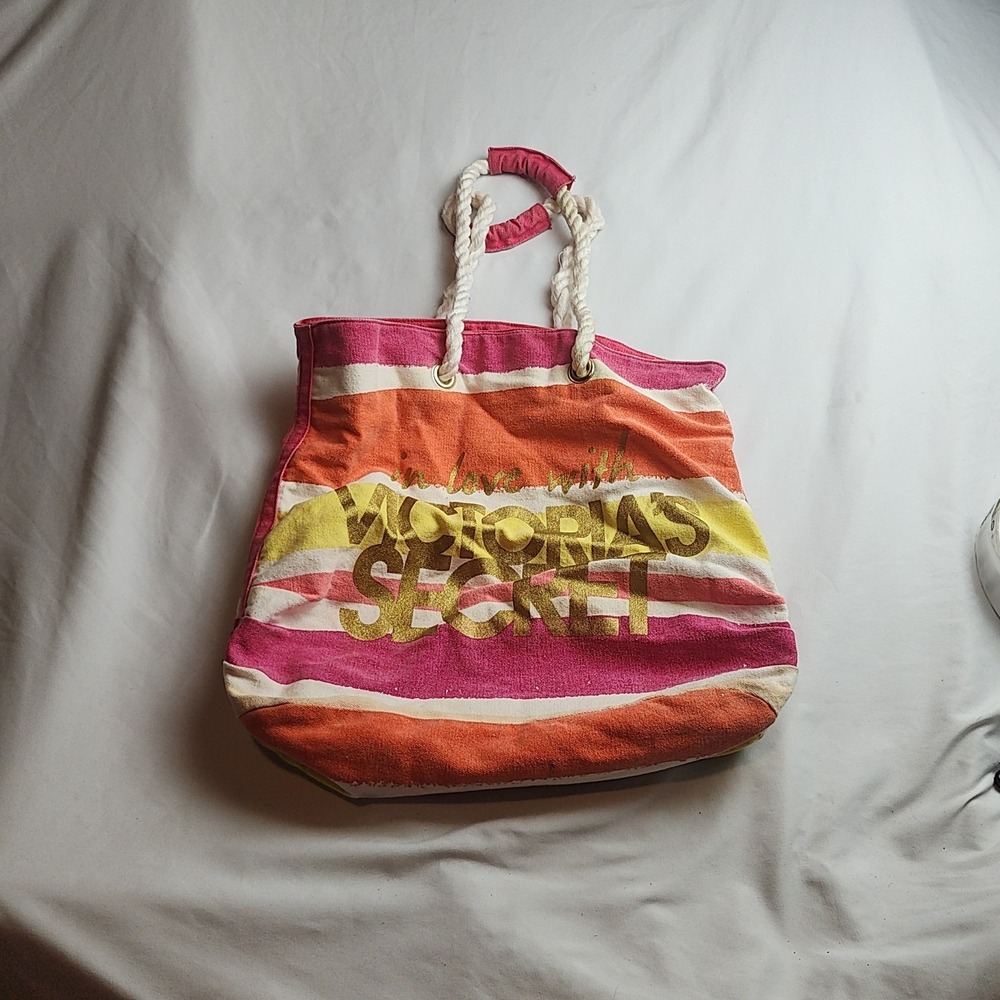 Victoria's Secret Canvas Beach Tote Striped Pink Orange Large